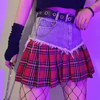Skirts Women Short Skirt 2022 Korea Japanese Harajuku Retro Rags Denim Patch Torn Plaid Pleated