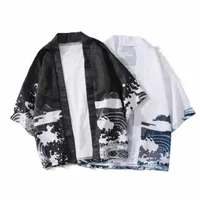 men's Casual Shirts Men Coat Shirt Wave Dragon 3 4 Sleeve Open Front Kimono Yukata Cardigan E9n6#