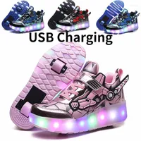 Athletic Shoes Children For Boys Girls USB Charging Roller Skate Sneakers With Two   Double Wheels LED Luminous Glowing Adult Kids