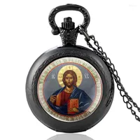 Pocket Watches Catholic Jesus Glass Cabochon Vintage Quartz Watch Men Women Pendant Necklace Chain Hours Clock Gifts