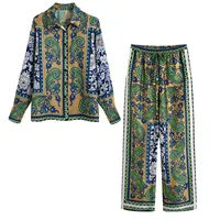 home clothing New European and American style printed drape loose shirt elastic waist pajamas style trousers suit women