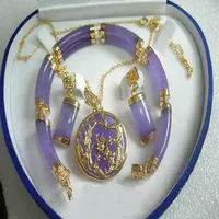 Purple Jade Gold Plated Fortune Dragon Phenix Bracelet Pendant Necklace Earrings265Q