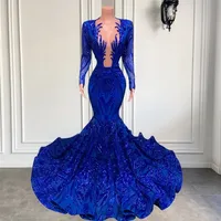 Party Dresses Long Elegant Prom Dresses Long Sleeve Sheer Oneck Mermaid Style Royal Blue Sequin African Black Girls Prom Party Gowns 220923