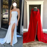 Fitted Prom Dress 2023 Full Chiffon Cape Sexy High Slit Lady Formal Evening Wedding Party Maxi Gown Homecoming Court Pageant Gala Runway Red Carpet Red White AB Stones
