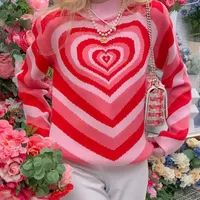 Kadın Sweaters Y2K Estetiği Kalp Çizgili Yavurucu Yavru Tullular E-Girl Tatlı Uzun Kollu Pembe Kadın Harajuku 90s Örgü Sonbahar