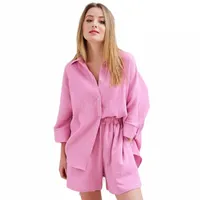 women's Tracksuits Women Casual Sleepwear Cotton Pajamas For Sets Suit Turn-Down Collar Nine Quarter Sleeve Sleep Tops Shorts Female Homewea P5mV#