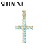 Blue Diamond Zircon Solid Back Small Cross Pendant Necklace with Rope Chain Mens Hip Hop Jewelry Gift307S