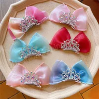 Horpin's Horpin Rhinestones Mesh Bow Kids Top Head Barrettes Fairy Chief Princess Crown Clip Girl Hair Accessorio