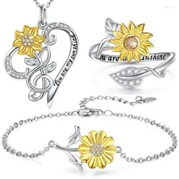 Necklace Earrings Set Fashion Silver Statement Sunflower Jewelry For Women Girls Crystal Ring Bracelet Wedding Ladies Gifts
