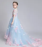 Lovely Blue Pink Jewel Girl's Pageant Dresses Flower Girl Dresses Holidays Birthday Princess Skirt Custom Size 2-14 F9250689 Train Length