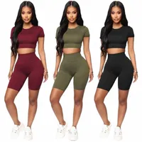 women Tracksuits Two Piece Set Summer O-Neck Bandage Crop Top & Sporty Shorts Suit Casual Fitness Street Sportswear Outfits Women's 34rs#
