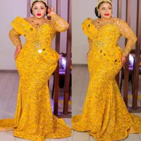2022 Arabic Aso Ebi Mermaid Yellow Prom Dresses Beaded Crystals Evening Formal Party Second Reception Birthday Engagement Gowns Dress ZJ6778