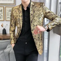 Luxury Gold Striped Print Blazer Street Casual Mens Slim Suit Jackets Nightclub Prom Dress Evening Dress Sleek Suit Jacket M-5X209o