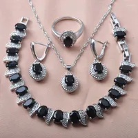 Necklace Earrings Set Bridal Jewelry Black Zircona 925 Silver For Women Rings Bracelet Christmas Gifts YZ0656