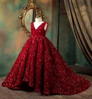 Beauty Red V-Neck Sequins Girl's Pageant Dresses Flower Girl-jurken Vakanties/Verjaardag Princess Rok Custom Maat 2-14 F925106 Treinlengte