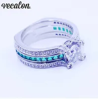 Vecalon Female Birthstone Jewelry Engagement ring Green 5A Zircon cz White gold filled wedding Band ring Set for women