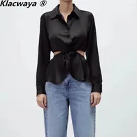 Women's Blouses Klacwaya Women Shirt Fashion Woman 2022 Vintage Satin Black Long Sleeve Top Button Up Shirts Hollow Out Blouse