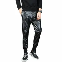 korean Mens Motorcycle Patchwork Faux Leather Harem Pants Drawstring Elastic Waist Plus Size Male Jogging Trousers Streetwear Men's X8zt#