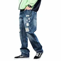 men's Jeans Trend Ripped Baggy Men Casual Straight Trousers Streetwear Denim Skateboard Distressed Harem Pants B4Ck#