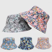 Berets Fashion Floral Print Bucket Hat Women Vintage Flower Double Side Cotton Sun Protection Summer Outdoor Travel
