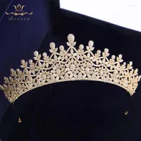 Hårklipp av högsta kvalitet europeiska kungliga drottning guld tiaras kronor för brudar kristall hårband full zirkon bröllopstillbehör