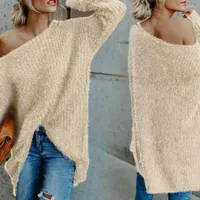 Women's Sweaters Fashion Lady Solid Color Sloping Shoulder Plush Loose Casual Knitted Sweater Top