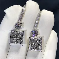 Victoria Luxury Jewelry 925 Sterling Silver Princess Cut White Topaz Platinum Plated Diamond Dangle Earring Women Bridal Hook E244G