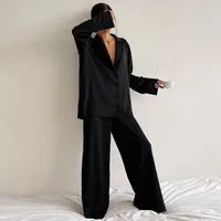 Oversized Home Clothing Satin Silk Sleepwear Low Cut Sexy Pajamas For Women Single-Breasted Long Sleeves Wide Leg Pants Trouser Suits