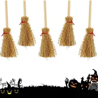 Mini Witch Broom Halloween Hallowing Decorations Wood Straw Brooms Assume Props Halloween Party Decor