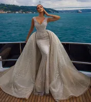 Luxury Beading Mermaid Wedding Dress With Detachable Train V Neck Bridal Gowns Sequined Crystal robes de mariee
