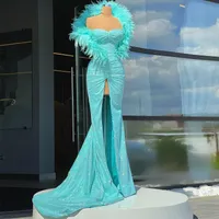 Sparking Evening Dresses Feathers High Split Celebrity Gowns Ruched Mermaid Backless Pageant Dress 2023