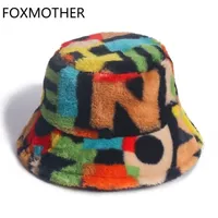 Stingy Brim Hats FOXMOTHER Outdoor Multicolor Rainbow Faux Fur Letter Pattern Bucket Women Winter Soft Warm Gorros Mujer 220923