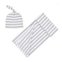 2pcs Wrapping Newborn Sleeping Home Cute Beanie Infant Bedding Boy Girl Swaddle Blanket Striped Fashion Bathing Baby Clothes Set1285Y