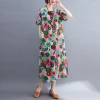Vestidos informales Anteef Manga corta Linen de algod￳n Vintage Floral para mujeres Long Long Summer Vestido elegante 2022