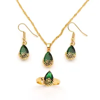 18K Solid Gold Filled Pendant Necklace Earrings Ring Water Drop green Crystal Jewellery Set cz big Rectangle Gem with Channel257N