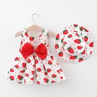 Girl Dresses Summer Born Baby Clothes Infant Korean Style Cute Strawberry Print Cotton Beach Dress Sunhat Princess