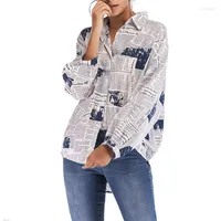 Women's Blouses Womens Blouse V Neck Button Down Long Sleeve Tops Spaper Print Shirt -MX8
