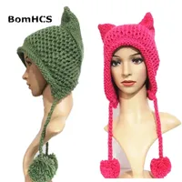 Beanie Skull Caps BomHCS Knit Braided Cat Ears Hat For Women Handmade Knitting Crochet Warmer Beanie Winter Cap 220922