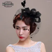 Headpieces Kyunovia Bridal Veil Black Flower Feathers Fascinator Bride Wedding Hats Face Veils Net Feather D65