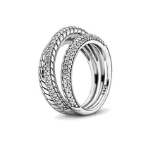 Fina smycken Autentic 925 Sterling Silver Ring Fit Pandora Charm Triple Band Pave Snake Chain Pattern Engagement Diy Wedding Ring3106