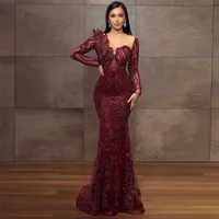 Party Dresses Luxury Burgundy Bead Prom Dresses Long Sleeve For Woman Party Gown Elegant Sweep Train Wedding Vintage Robe De Soriee 220923