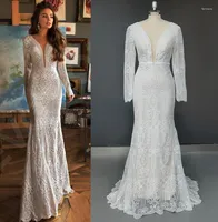 Wedding Dress 8283#V-Neck Sexy Long Sleeve Mermaid Sweep Train Lace Elegant Bohemian Boho Open Back Bridal Gown