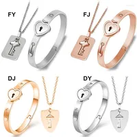 Necklace Earrings Set Lovers Stainless Steel Love Heart Lock Bracelets Bangles Key Pendant Couples Accessories