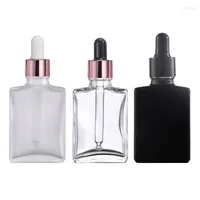 Storage Bottles 10pcs lot 30ml Clear Frosted Black Square Rectangle Glass Essential Oil Dropper Bottle With Rose Gold Lid