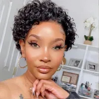 13x1 Malaysian Short Curly Lace Front Wig for Black Women Remy Hair Water Wave Transparent pixie cut Wig