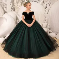 new blak green off shoulder pageant formal flower girl's dresses puff sleeves princess for toddlers kids birthday wedding party
