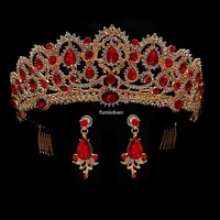 Red Wedding Crown Gold Royal Bridal Tiara Queen Bride Crown And Earring Pageant Baroque Headband Princess Hair Jewelry Ornament T1288L