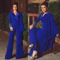 Kraliyet Mavi Gelin Pantolonunun Annesi Pantolon Tepedli Yakası Uzun Kollu Tulumlar Boncuklu gece önlükleri artı Beden Düğün Konuk Dresse