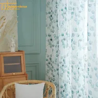 Curtain Summer Blue-green Jacquard Gauze Semi Blackout Curtains For Living Room Bedroom Partition Finished Custom