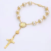 Link bransoletki chrześcijańskie szklane bransoletka Perła Krzyż Katolicki srebrny różaniec biżuteria religijna dla kobiet mężczyzn